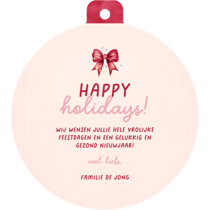 Vrolijk kerstkaartje met strik in kerstbalvorm Achterkant