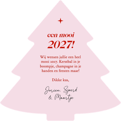 Vrolijke nieuwjaarskaart kerstboompje roze wit gestreept Achterkant