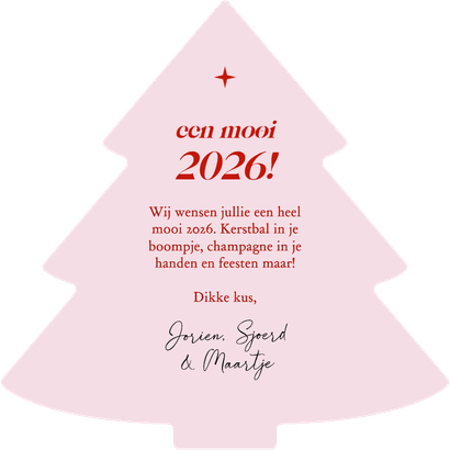 Vrolijke nieuwjaarskaart kerstboompje roze wit gestreept Achterkant