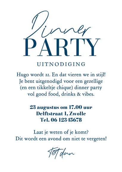 Wave uitnodiging diner party blauw gestreept doodle Achterkant