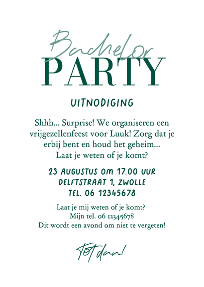 Wave uitnodigingskaart bachelor party champagne toren vip Achterkant