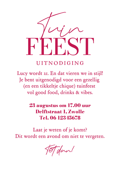 Wave uitnodigingskaart tuinfeest roze gestreept doodle Achterkant