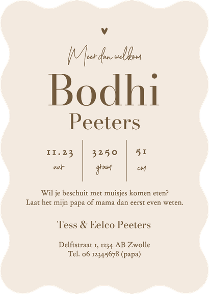 wave vorm geboortekaartje unisex hartje zandkleur Achterkant