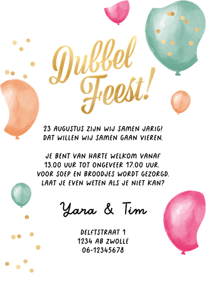 Wave vorm uitnodiging dubbel feest jarig ballonnen foto Achterkant
