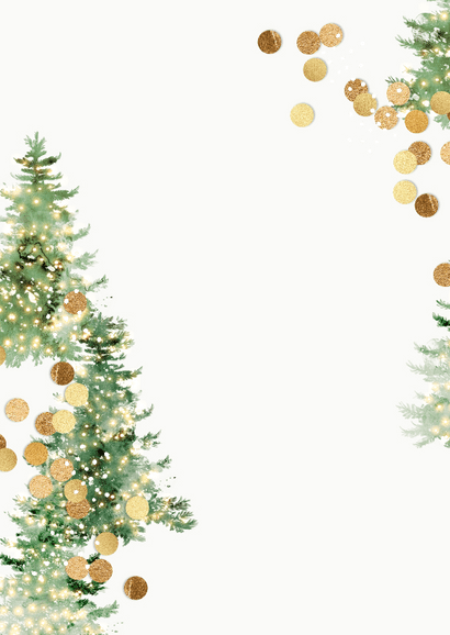 Zakelijke kerstkaart collage kerstbomen kerstlichtjes goud Achterkant