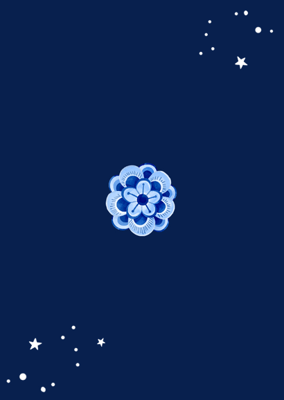 Zakelijke kerstkaart delfts blauw stijlvol bloemen goud 2027 Achterkant