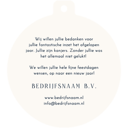 Zakelijke kerstkaart donkerblauw met twee foto kerstbalvorm Achterkant