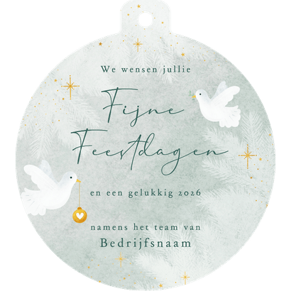 Zakelijke kerstkaart in kerstbal vorm met witte duifjes Achterkant