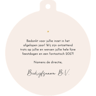 Zakelijke kerstkaart kerstbalvorm grote foto bedankt goud Achterkant