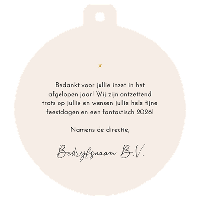 Zakelijke kerstkaart kerstbalvorm grote foto bedankt goud Achterkant