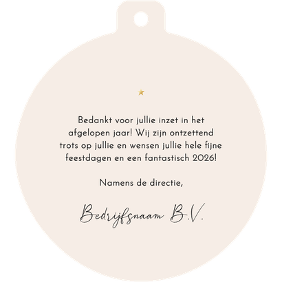 Zakelijke kerstkaart kerstbalvorm grote foto bedankt goud Achterkant