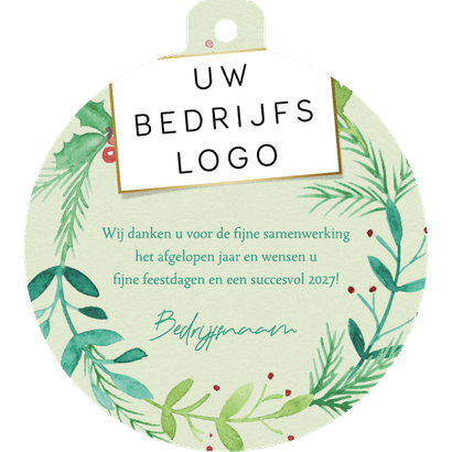 Zakelijke kerstkaart kerstbalvorm kerstkrans waterverf Achterkant