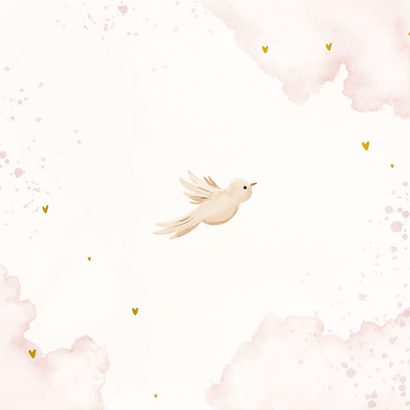 Zomers geboortekaartje met takjes, bloemen en duiven Achterkant