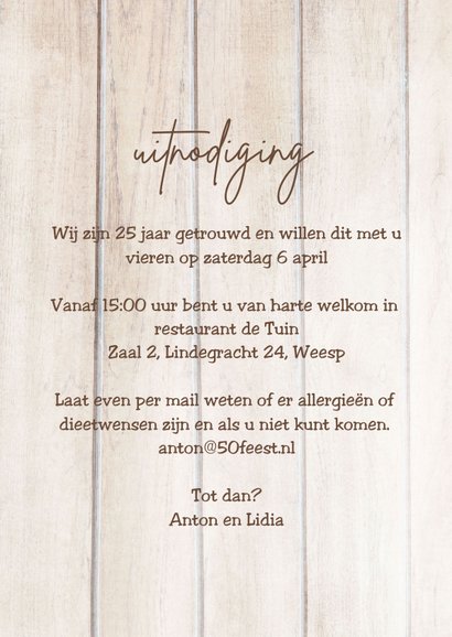 25 jarig jubileum uitnodiging huwelijk hout look 3