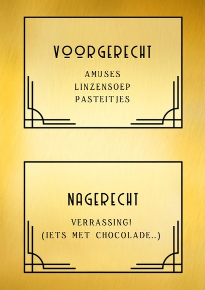 Art-deco stijl kerstdiner menukaart zwart met goudfolie 2