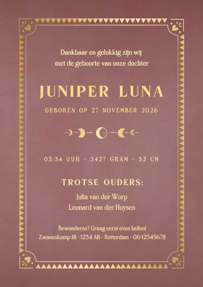 Astrologie geboortekaartje meisje maan en zon met foliedruk 3