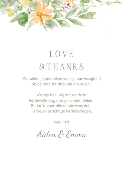 Bedankkaart bloemen in de hoek romantisch goudfolie trouwen 3