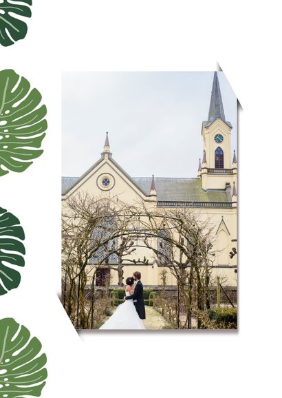 Bedankkaart bruiloft botanisch grote groen bladeren 2