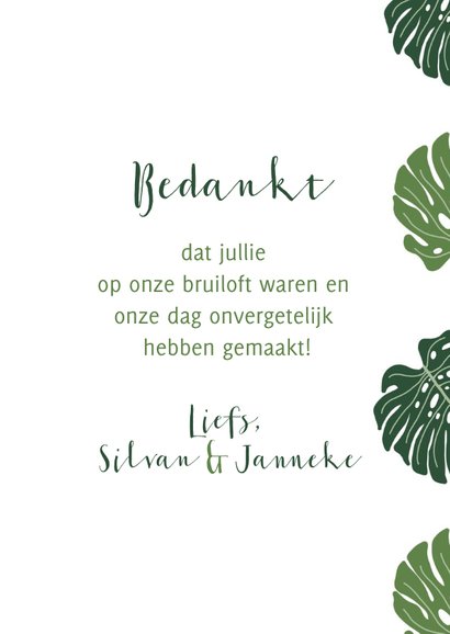 Bedankkaart bruiloft botanisch grote groen bladeren 3