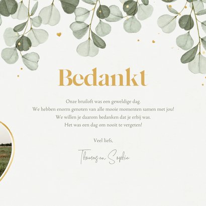 Bedankkaart bruiloft eucalyptus goud hartjes foto 3