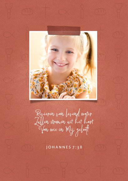 Bedankkaart communie christelijke symbolen met foto's meisje 2