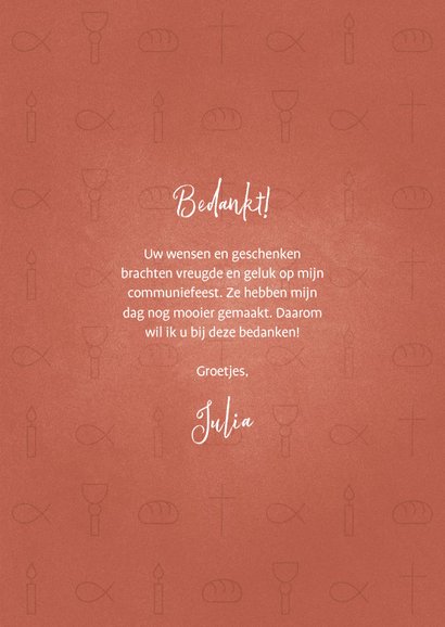 Bedankkaart communie christelijke symbolen met foto's meisje 3
