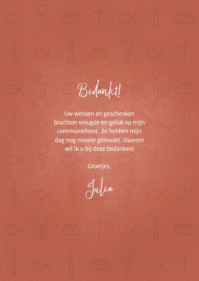 Bedankkaart communie christelijke symbolen met foto's meisje 3