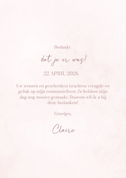 Bedankkaart communie lief met roze strik waterverf 3