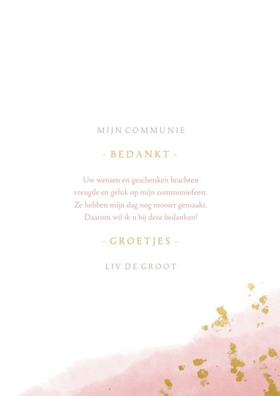 Bedankkaart communie meisje met waterverf en gouden spetters 3