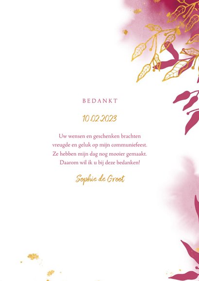 Bedankkaart communie met gouden bladeren en roze waterverf 3