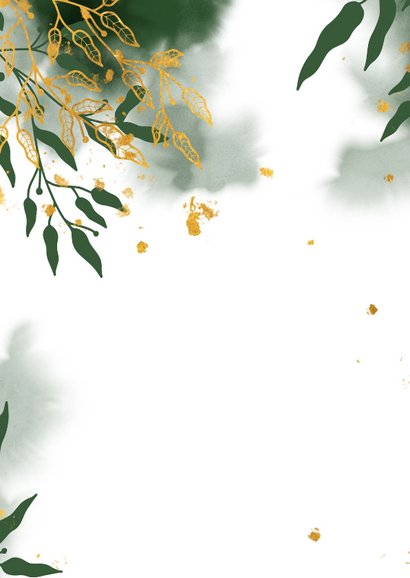 Bedankkaart communie met groene waterverf en gouden bladeren Achterkant