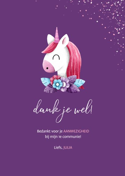 Bedankkaart communie met unicorn en confetti 3