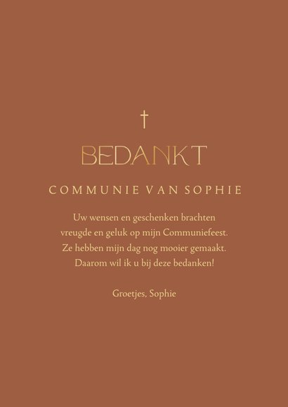 Bedankkaart communie terracotta grote foto met goudfolie 3