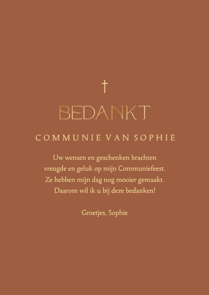 Bedankkaart communie terracotta grote foto met goudfolie 3