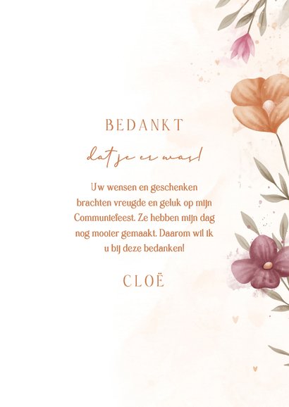 Bedankkaart communie waterverf bloemen met koperen hartjes 3