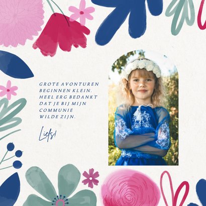 Bedankkaart eerste communie kleurrijke bloemen meisje 2