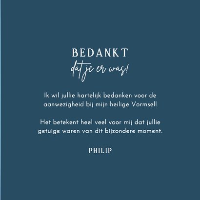 Bedankkaart grote datum en grote foto vormsel blauw zilver 3