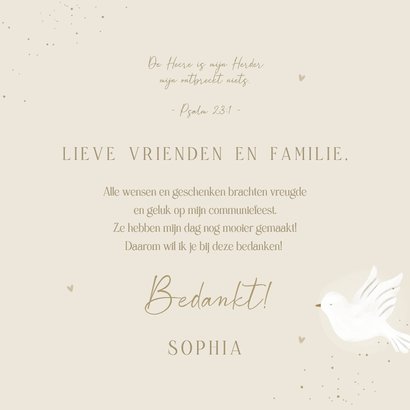 Bedankkaart heilig vormsel beige duif hartjes Achterkant