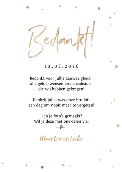 Bedankkaart huwelijk stijlvol goudlook confetti fotocollage 3