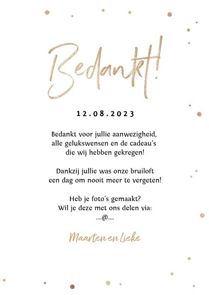 Bedankkaart huwelijk stijlvol goudlook confetti fotocollage 3