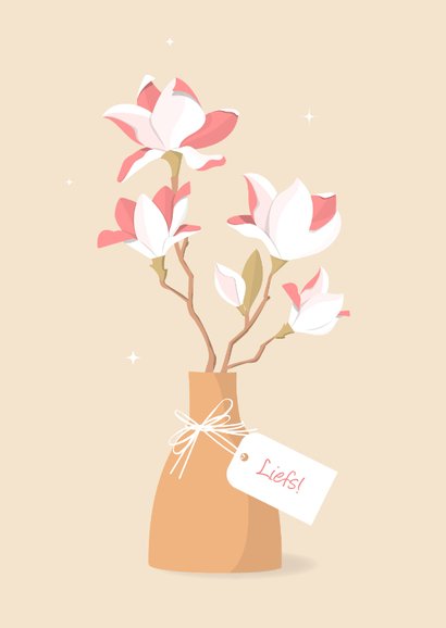 Bedankkaart illustratie wit-roze magnoliatak met naamlabel 2