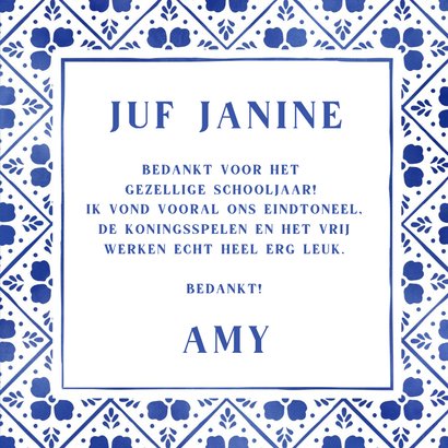 Bedankkaart juf Delfts blauw jij bent de goedste lerares! 3