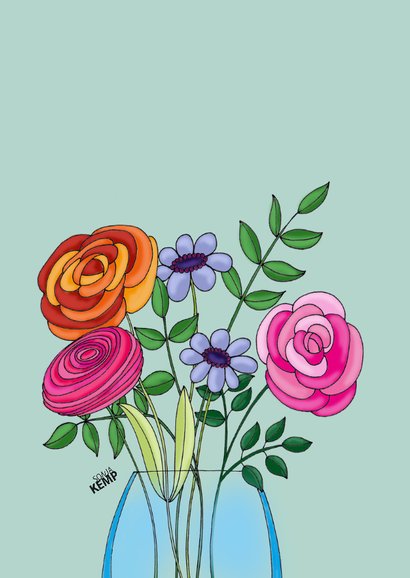 Bedankkaart kat met vaas bloemen - SK 2