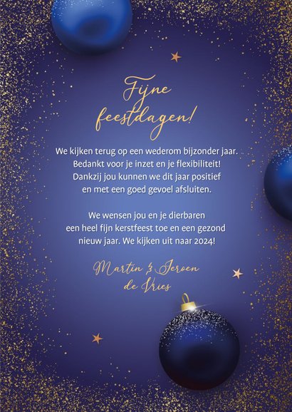 Bedankkaart kerst medewerkers blauwe kerstballen 3