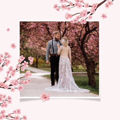 Bedankkaart lente bruiloft fotocollage roze bloesem 2