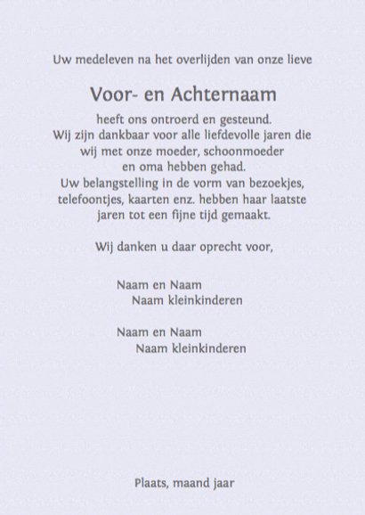Bedankkaart met foto, lelie en binnenin tekstvoorstel 3