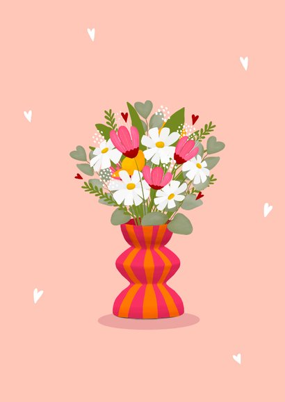 Bedankkaart met vrolijke grote bos bloemen op mooie vaas 2