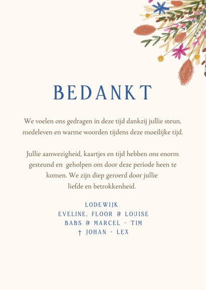 Bedankkaart overlijden met kleurrijke bos droogbloemen 3