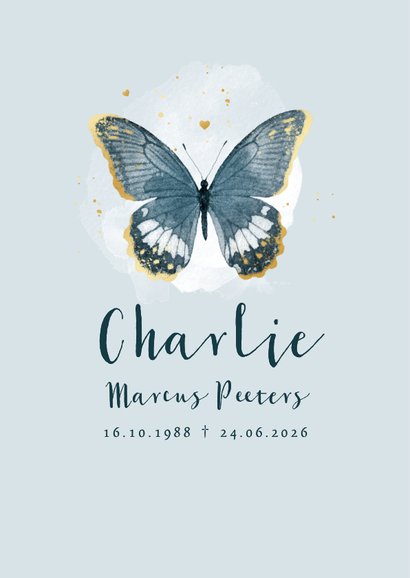 Bedankkaart rouw vlinders waterverf blauw goud bedankt 2