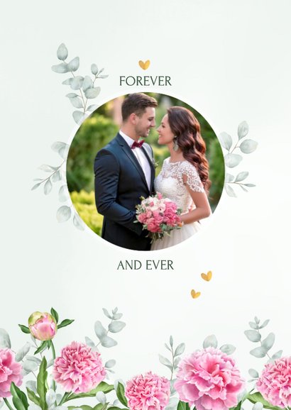 Bedankkaart roze pioenrozen en eucalyptus takjes 2